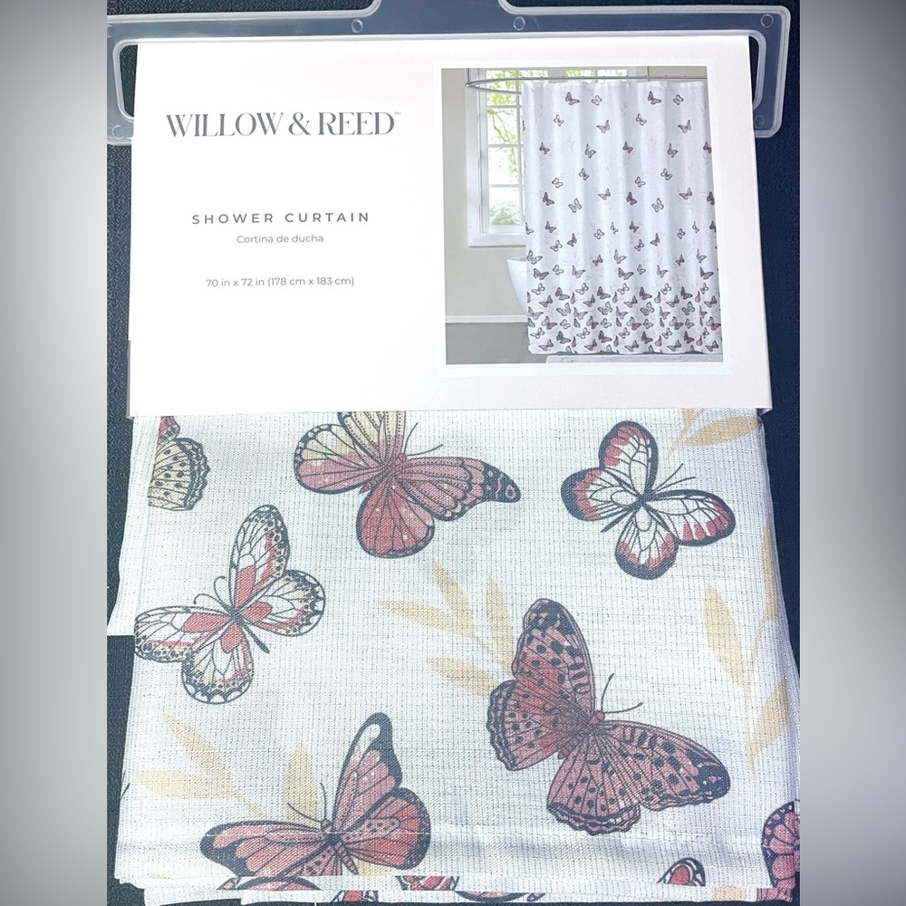 Butterfly Shower Curtain Ivory Brown-Copper Black ~ Tan Leaves Spring Summer NWT